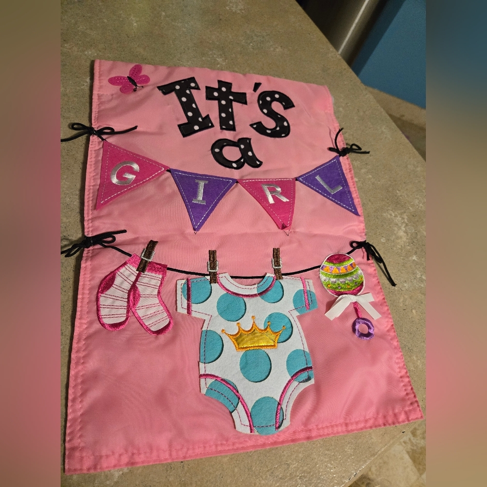 🎀 EUC (LIKE NEW) "IT'S A GIRL" PINK YARD FLAG w Thick Designs; Baby Shower